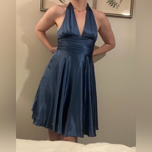 Adrianna Papell Silk Deep Sapphire Blue Halter Skater Dress Size 4